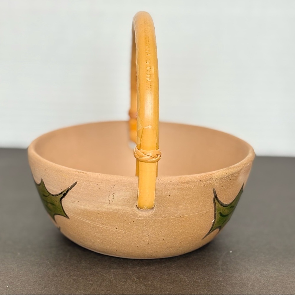 Christmas Art Pottery Bowl with Bamboo Handle Hand Painted Holly w/matching Vase - Picture 2 of 14